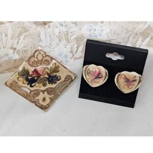 Elegant Vintage Retro Enamel Brooch & Stud Earrings Parure